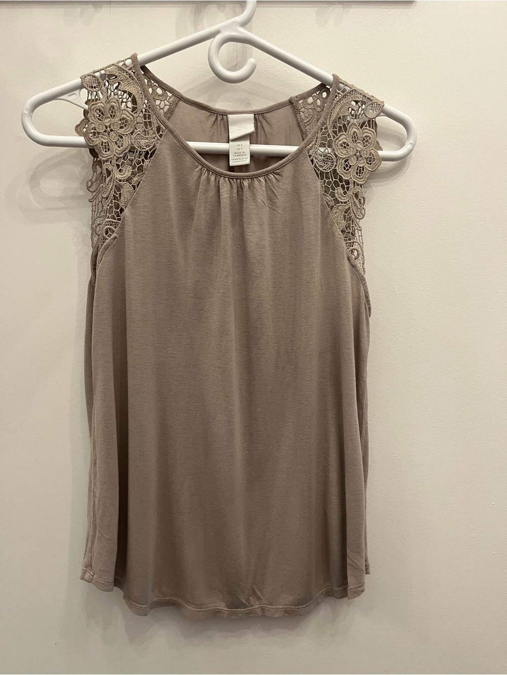 Taupe Lace Shoulder Sleeveless Blouse Feminine Neutral Top